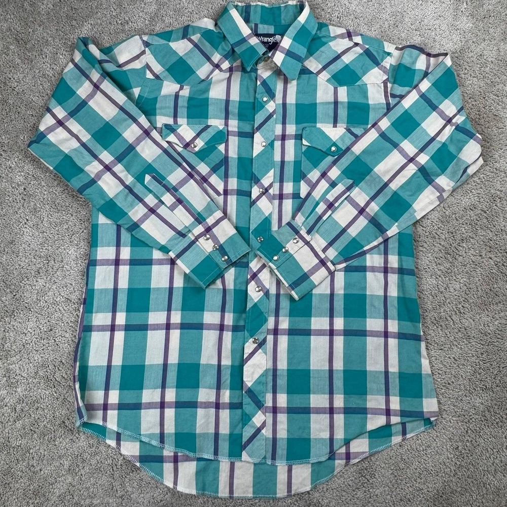 Vintage Wrangler Teal Plaid Shirt Pearl Snap Cowboy Cut Regular Fit USA 17-35